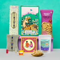 Stuti Bandhan Rakhi Gift For Brother-6 Inclusions Combo Of Evil Eye Rakhi, Namkeen Snacks And More With Complimentary Roli & Chawal | Rakhi Combo Gift Box
