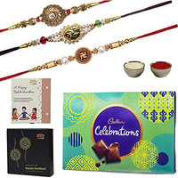 Rakhi For Brother With Chocolates Hamper Combo Pack Of 3 Rakhi 1 Celebrations 150 Pack Roli Chawal Rakhi Card Hamper