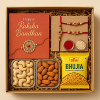 Bay Nut Rakhi Hamper For Brother (Combo - Cashew 100Gm,Almonds 100Gm.Rolichawal, Bhujia, 1 Card And 2 Assorted Rakhi)