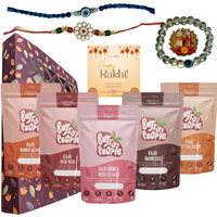 The Berry People Dry Fruit Rakhi Gift Box 11 Inclusions - 1 Kundan Rakhi, 1 Evil Eye Rakhi, 1 Evil Eye Band, 1 Tilak Set, Premium Flavoured 5 Dry Fruit Packs With Mini Greeting Card - Healthy Rakshabandhan Gift For Bhai Bhabhi