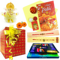 Almoda Creation Rakhi Gift For Brother With Sweets-Lord Ganesha Idol Figurine , 2 Antique Panch Dhatu Rakhi, Akshtra & Tilak With Cadbury Celebration Festive Box Chocolates, Rakhi Gifting & Customized Message Option