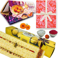Almoda Creations Rakhi Gift With Ferrero Rocher Chocolate, 2 Panchdhatu Rakhi For Brother, Greeting Card, Roli Moli, Kalawa, Rakhi Gift Box, Personalized Rakhi Message