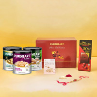 Pureheart Rakhi Gift Hamper Salted Cashews, Peeled Almonds Flavours Of Venice & Pistachio (333G, Each), Cadbury Bournville Dark Chocolate With Rakhi For Brother, Gift Card, Pooja Rice, Kumkum