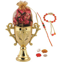 Skylofts 8Pcs Assorted Chocolates Champion Trophy Decoration Piece With Rakhi Lumba Teeka Rakhi Gift For Bhai Bhabhi