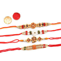 Vending India Tradiitional Rakhi [Pack Of 4] Combo With Roli, Chawal, Chandan & Mishri In A Rakshabandhan Card
