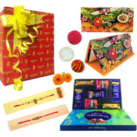 Almoda Creations Rakhi Combo Gift (2 Rakhi, Rakhi Greeting Card, Cadbury Celebrations Festive Chocolate Gift Box, Tilak Pouch & Kalawa Roll, Rakhi Gift Wrapping, Custom Rakhi Message)