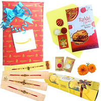 Almoda Creations Rakhi For Brother Combo: Rakhi With Ferrero Rocher Chocolates, Tilak, Kalawa With Gift Packing Rakhi Wishes For My Beloved Brother With 4 Rakhi,225 Grams