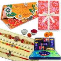 Almoda Creations Rakhi For Brother And Chocolate 3 Rakhi, Greeting Card, Cadbury Celebrations Chocolate Box, Tilak Pouch & Kalawa Roll, Rakhi Gift Wrapping, Personalized Rakhi Message
