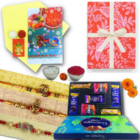 Almoda Creations Rakhi For Brother Combo 3 Panchdhatu Rakhi Set, Greeting Card, Cadbury Celebrations Chocolate Box, Tilak Pouch, Kalawa, Rakhi Gift Box, Personalized Rakhi Message