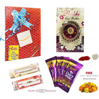 Almoda Creations 2 Rakhi With Rakhi Greeting Card, 5 Cadbury Chocolates, Tilak Pouch & Kalawa Roll, With Rakhi Gift Wrapping And Handwritten Custom Rakhi Message For Brother And Bhabhi