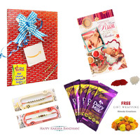 Almoda Creations Rakhi With Gift Pack (2 Rakhi, Rakhi Greeting Card, 5 Cadbury Chocolates, Tilak Pouch & Kalawa Roll, Rakhi Gift Wrapping, Custom Rakhi Message)