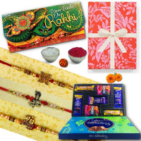 Almoda Creations Rakhi Gift For Brother 3 Handcrafted Panchdhatu Rakhi, Rakhi Greeting Card, Cadbury Celebration Chocolate Box, Roli Moli & Kalawa, Rakhi Gift Box Set, Personalized Message