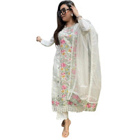 Gosriki Women's Rayon Viscose Straight Embroidered Kurta With Pant & Dupatta (Karachi White-Gs_M_White_Medium)