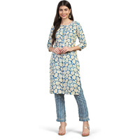 Toplot Women's Printed Straight Kurta With Pant |Kurta Pant Set For Women (Kurta-Pant-2-Set-5199-Round-L) Turquoise