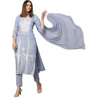 Gosriki Women's Cotton Blend Straight Printed Kurta With Pant & Dupatta (Paridhan Grey-Gs_Xxl_Grey_Xx-Large)