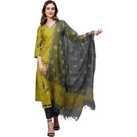 Gosriki Women's Cotton Blend Straight Printed Kurta With Pant & Dupatta (Bhumi Green-Gs_S_Green_Small)