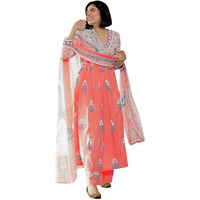 Gosriki Women's Rayon Blend Anarkali Printed Kurta With Pant & Dupatta (Renu Peach-Gs_S_Peach_Small)