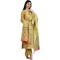 Gosriki Women's Rayon Viscose Printed Straight Kurta With Pant & Dupatta (Sanghvi Yellow-Gs_S_Yellow_Small)