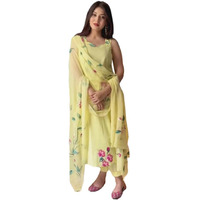 Gosriki Women's Rayon Viscose Straight Printed Kurta With Pant & Dupatta (Rehnuma Yellow-Gs_L_Yellow_Large)