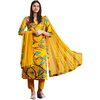 Gosriki Women's Rayon Blend Straight Printed Kurta With Pant & Dupatta (Twig Yellow-Gs_S_Yellow_Small)