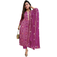 Gosriki Women's Rayon Viscose Straight Bandhej Printed Kurta With Pant & Dupatta (Turae Purple-Gs_S_Purple_Small)