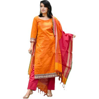 Gosriki Women's Cotton Blend Solid Straight Kurta With Pant & Dupatta (Shamshera Orange-Gs_M_Orange_Medium)