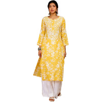 Gosriki Women's Cotton Blend Chikankari Embroidered Straight Kurta (Zainab Yellow-Nw-Gs_S_Yellow_Small)