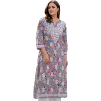 Gosriki Women's Rayon Viscose Printed & Chikankari Embroidered Straight Kurta (Kisrup Multi-Vks01-Gs_Xxl_Grey_Xx-Large)
