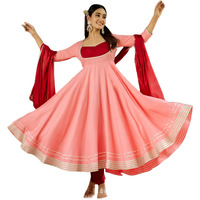 Gosriki Women's Rayon Viscose Solid Anarkali Kurta With Pant & Dupatta (Kuspari Peach-Gs_L_Peach_Large)