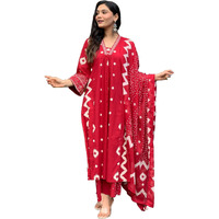 Gosriki Women's Rayon Viscose Printed Anarkali Kurta With Palazzo & Dupatta (Chakrika Red-Gs_L_Red_Large)
