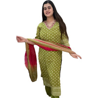 Gosriki Women's Rayon Viscose Printed Straight Kurta With Pant & Dupatta (Subhi Mehandi-Gs_S_Mehandi_Small)