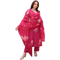 Gosriki Women's Rayon Blend Straight Printed Kurta With Pant & Dupatta (Roka Rani-Gs_S_Pink_Small)