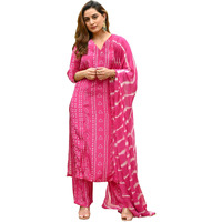 Gosriki Women's Rayon Blend Straight Bandhej Printed Kurta With Pant & Dupatta (Baghira Pink-Gs_M_Pink_Medium)