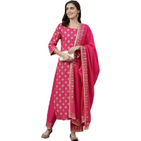 Gosriki Women's Cotton Blend Kurta With Palazzo & Dupatta (Woo-Pink_M_Pink_Medium)