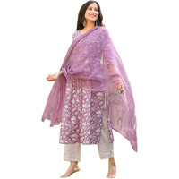 Gosriki Women's Cotton Blend Straight Printed Kurta With Pant & Dupatta (Mei Purple-Gs_Xl_Purple_X-Large)
