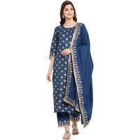 Gosriki Women's Cotton Blend Kurta With Palazzo & Dupatta (Kpzd-Cot-10001-Dark Blue_Xxl-Go_Dark Blue_Xx-Large)