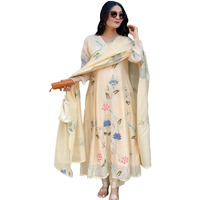 Gosriki Women's Chanderi Anarkali Printed Kurta With Pant & Dupatta (Shastra Cram-Gs_S_Cream_Small)