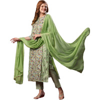 Gosriki Women's Cotton Blend Embroidered Straight Kurta With Pant & Dupatta (Kochi Methi-Gs_L_Green_Large)