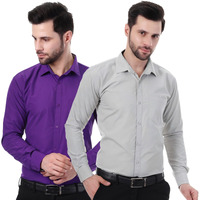 Xjarvis Austin Men's Cotton Blend Shirt |Slim Fit Formal Shirt With Pocket |Plain | Long Sleeve Spread Collar | Casual Wear Regular Fit Shirt, Pack Of 2 (Pastel Purple, Slate Grey, S)