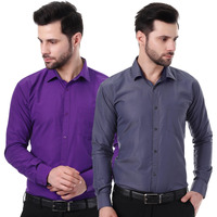 Xjarvis Austin Men's Cotton Blend Shirt |Slim Fit Formal Shirt With Pocket |Plain | Long Sleeve Spread Collar | Casual Wear Regular Fit Shirt, Pack Of 2 (Pastel Purple, Slate Blue, L)