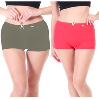 Xjarvis Ladybay Women's High Coverage Combed Cotton Stretch Boy Shorts Mid Waist Seamless Brief Boxer Underwear Moisture Wicking Innerwear Super Soft & Breathable, Pack Of 2 (Olive Green, Pink, 2Xl)