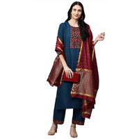 Gosriki Women's Cotton Blend Embroidered Straight Kurta With Palazzo & Dupatta (Morning-Blue_Go)
