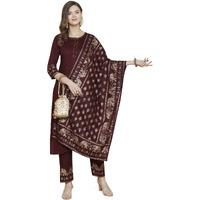 Gosriki Women's Rayon Solid Kurta With Palazzo & Dupatta (Brown,L)