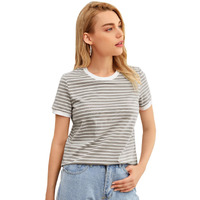 Toplot Stripe Printed Short Sleeve Regular Fit Top For Women (Top-5142-Grey-L)