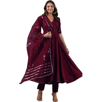 Gosriki Women's Rayon Blend Anarkali Solid Kurta With Pant & Dupatta (Nirmooha Wine-Gs_L_Wine_Large)