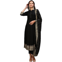 Gosriki Women's Cotton Blend Solid Anarkali Kurta With Pant & Dupatta (Panchali-Black-Gs_Xxl_Black_Xx-Large)