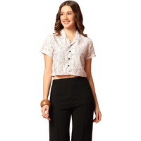 Toplot V-Collar Printed Crop Shirt For Women With Short Sleeves (Crop-Shirt-5059-White-Xl)