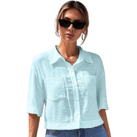 Toplot V-Collar Solid Crop Shirt For Women With Half Sleeves (Crop-Shirt-5183-Sky-Xs)