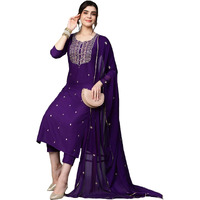 Gosriki Women's Cotton Blend Embroidered Straight Kurta With Pant & Dupatta (Kasturi Begani-Nw-Gs_L_Blue_Large)