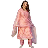 Gosriki Women's Chanderi Cotton Straight Printed Kurta With Pant & Dupatta (Yoda Peach-Gs_Xl_Peach_X-Large)